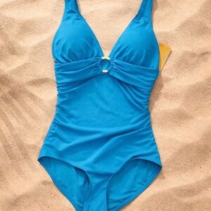 NWT Michael Kors Cyan Blue One Piece Swimsuit Bathing Suit Logo O-ring Sz 6